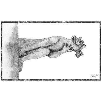 Gargouille, Paris, sculpture de pierre, aquarelle granuleuse, noir, animal imaginaire, peintre